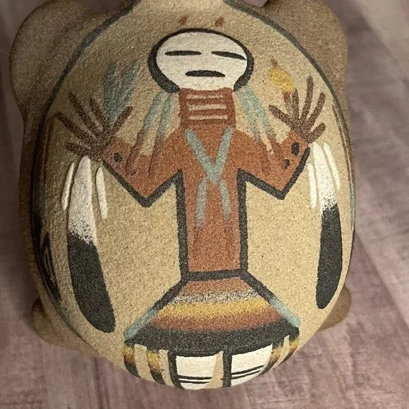 Vtg 80s Native Sand Art Painting Turtle Tortoise w Yei Figure Southwest 6” L - Picture 5 of 16